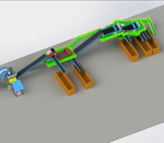 3D rendering of a waste system with conveyors, sorters, bins in Smart Cyclers LEED site