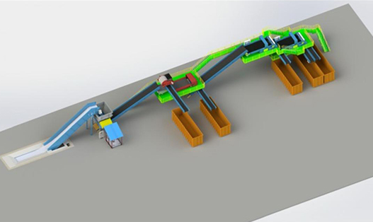 3D diagram showing conveyors and bins in an automated material handling and sorting system
